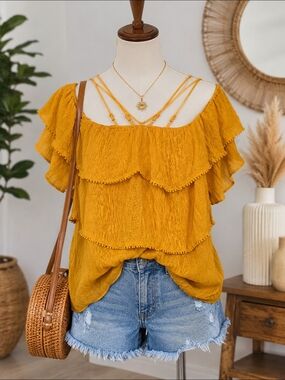 Umgee Mustard Yellow Boho Off Shoulder Ruffle Gauze Top Size Large